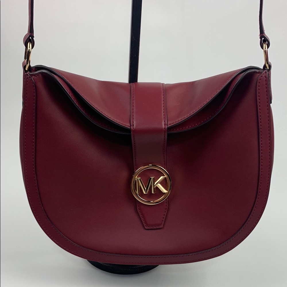 Michael Kors Red Burgundy & gold Crossbody Shoulder Bag with Gold MK Logo NEW